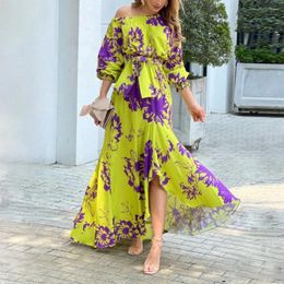 Casual Dresses 2024 Women's Autumn Print Vestidos Slim Fit Big Swing Diagonal Collar Long Sleeve Belt Holiday Irregular Bohemia Maxi Dress