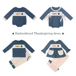 Clothing Sets Baby Cotton Long Sleeve T-shirt Set Round Neck Thanksgiving Turkey Embroidery Boy Blue Top Clothes And Orange Lattice Pants