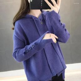 Women's Sweaters Casual Hooded Sweater Autumn Winter Korean Style Women Loose Long Sleeve Tops Solid Button Knitwear Pullover Female N145