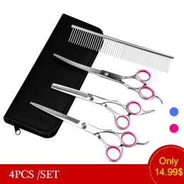 Scissors 4PCS/SET Pet Grooming Scissors Set Straight Curved Dog Cat Cutting Thinning Shears Kit Tesoura Para Hair Shears dog clippers