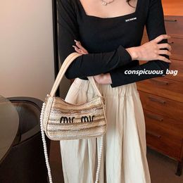 Popular Special-Interest Design Straw Woven Bags 2024 New Womens Bag Color Contrast Patchwork Chain Messenger Shoulder