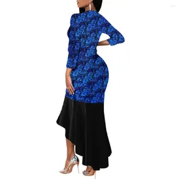 Casual Dresses Gown Dress Elegant Flower Printed Maxi For Women V-neck 3/4 Sleeve Prom Fishtail Hem Office Lady Autumn Female Party