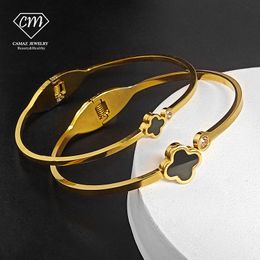 CAMAZ Luxury Four Leaf Clover Bracelet AAA Zircon Fashion Stainless Steel 18k Gold Plated Cuff Bracelet