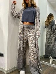 Women's Two Piece Pants Fashion Leopard Print Gradient Pant Suit Women Casual Long Sleeved Cardigan And Elastic Waist 2 Pcs Set Loose Lady