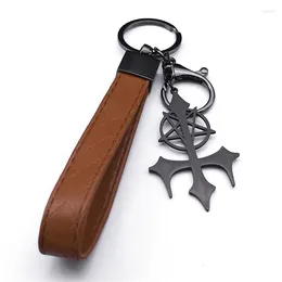 Keychains Pentagram Sigil Of Satan Fork Cross Stainless Steel Pendant Keychain PU Leather Alloy Keyring Holder Jewelry