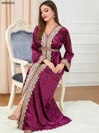 Ethnic Clothing Ramadan Abaya Dubai Muslim Velvet Floral Embroidery Guipure Lace Panel Belted Kaftan Turkish Clothes Women Badka Islamic