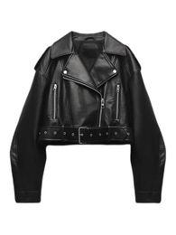 Women Vintage Loose Pu Faux Leather Short Jackets with Belt Streetwear Female Zipper Retro Motor Biker Coats Outwear Tops 240131