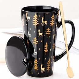Creative Black White Mug Set Couple Cup with Lid Spoon Personality Milk Juice Coffee Tea Water Cups Easy Carry Travle Home Mug T20291f