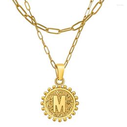 Pendant Necklaces 18K Gold Plated Stainless Steel Letter A-Z Initial Round Necklace For Women Double Layer Chain Choker Jewelry257E