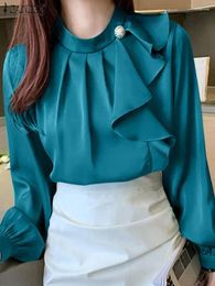 Women's Blouses ZANZEA Fashion Long Sleeve Shirts Satin Silk Elegant Round Neck Women Tops Femme 2024 Autumn Pleated Ruffles Casual