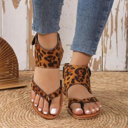 Dress Shoes Women Summer Sandals Leopard Print Artificial PU Fashion Retro Trend Flat Flip Flops Beach Roman Plus Size Toe Clipped