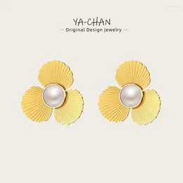 Stud Earrings YACHAN 18K Gold Plated Stainless Steel Flower For Women Luxury Vintage Pearl Earings Trendy Jewellery