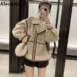 Women's Fashion Stitching Faux Leather Lamb Jacket With Zipper Decoration Stand Collar Thickening Warm Winter Jacket 240124