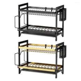 Kitchen Storage 2-Tier Dish Drying Rack Multifunctional With Drainboard & Utensil Holder Cutting Board For Counter