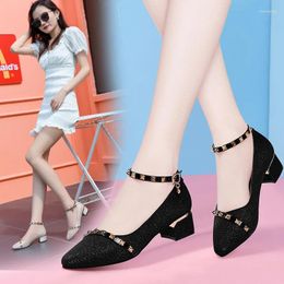 Dress Shoes Retro High-heeled Single Women's Middle Heel Pointed Toe Shallow Mouth Thick Women Work Modern Party