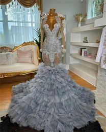 o Sier Neck Long Prom Dress Black Girls Beaded Crystal Birthday Party Gowns Applique 형식 가운 주름 계층 로브 드 발