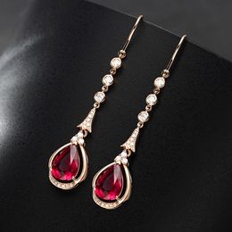 Wedding Jewellery Women water Drop Red Crystal zircon Diamond Rose Gold Plated Long style Earrings Girlfriends Students Birthday Gift