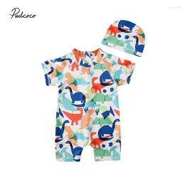 Rompers 2024 Summer Swimsuit Toddler Baby Kid Boy Sun Protective Swimwear Rash Guard Costume Short Sleeve Dinosaur Colorful Bathing Suit