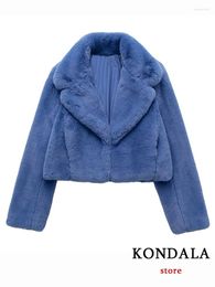 Women's Trench Coats KONDALA Vintage Velvet Fur Jackets Women Long Sleeve V Neck Autumn Navy Blue Fashion 2024 Elegant Ladies' Outwears