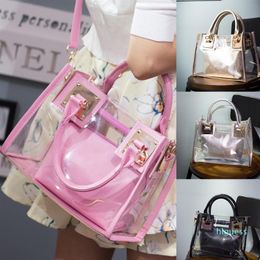 Designer- Beach Bag Clear Tote Bag See Through Messenger Bag Transparent Shoulder for Beach Travel Pink274z