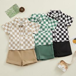 Clothing Sets Infant Baby Boy 2pcs Formal Wear Suit Toddler Gentleman Checkerboard Print Button Short Sleeves Shirt Shorts Set