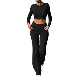 Women's Hoodies 2 Piece Slim Fit Long Sleeve Top And High Waisted Straight Pants Yoga Workout Set Women Fashion Blouse 2024 T Shirt