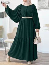 Ethnic Clothing ZANZEA Elegant Long Puff Sleeve Muslim Shirt Dress Women Casual Belted Jilbab Sundress Oversized Hijab Caftan Islamic
