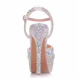 Sandals Crystal Queen Diamond Women Super High Heels Wedding Pumps 14cm Peep Shoes Platform 4CM Wristband Colourful Stiletto
