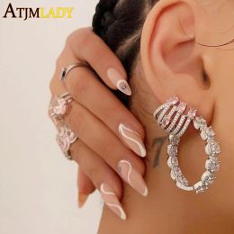 Earrings High Quality 35mm Big Hoop Round CZ Earrings Full Iced Out Bling Cubic Zirconia Hip Hop Fashion Jewellery For Women Girl