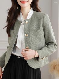 Women's Suits QOERLIN 20% Wool Office Ladies Blazer Elegant Chic Jacket Coat Women O-Neck Long Sleeve Pocket Korean Fashion Short