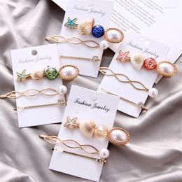 Hair Clips 3pcs/set Fashion Shell Accessories Imitiation Pearl Sea Star Crystal Hairpin Metal Acrylic Barrette Girls Gift