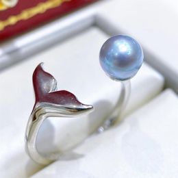 22091802 Diaomondbox Jewelry ring 6-6 5mm akoya blue pearl white gold plated sterling 925 silver adjustable mermaid fish tail open304H