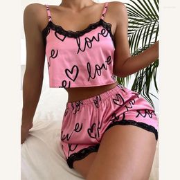 Women's Sleepwear 2pcs/set Pyjama Suit For Women Sexy Cute V-Neck Lace Love Heart Printed Suspenders Tops Shorts Nighty Homewear Set
