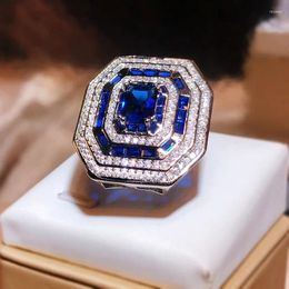 Cluster Rings Fine Exquisite Luxury Sapphire Square Crystals For Women 925 Sterling Silver Ring Vintage Banquet Valentines Jewellery Gifts