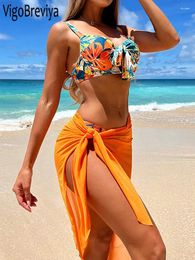 Women's Swimwear VigoBreviya Sexy Print 3 Piece Solid Mesh Skirt Bikini Set Women 2024 Strapped Push UP Swimsuit Summer Bathing Suit