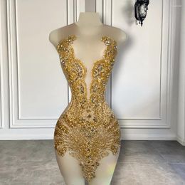 Party Dresses Sexy Sheer See Through Black Girl Short Prom Dress Golden Diamond Luxury Beaded Crystals Women Cocktail Gowns For Birthday