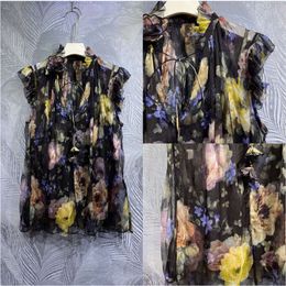 Vacation Premium Loose Beige Embroidery Hollow Out Blouse Floral Printed Sleeveless Tops Shirts 2024 FZ0076
