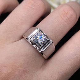 Cluster Rings Pure White Gold 14K Male Ring 1CT Diamond Men's Engagement Original Jewelry Lasting Forever Man's Love