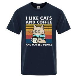 Men's T-Shirts I Like Cats And Coffee Street Funny T-Shirt For Men Fashion Casual Loose Cotton Clothing Crewneck Breathable Tshirt Hip Hop Tees