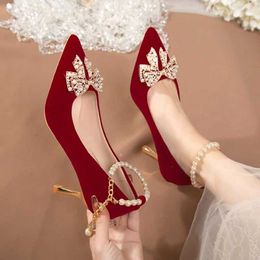 Dress Shoes Red Pearl Bowknot Wedding Party Shoes for Women String Bead Thin Heels Pumps Ladies Ankle Strap Pointed Toe High Heels Shoes