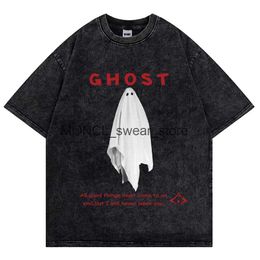 Men's T-Shirts Mens Washed Vintage T-shirt Hip-hop Street Clothing Ghost Print Harajuku Casual Short Sleeved 100% Cotton Y2KH24131