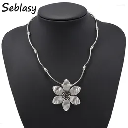 Pendant Necklaces Seblasy Vintage Bohemian Big Flower Statement & Pendants For Women Jewelry Accessories Tibet Silver Color Bijuterias