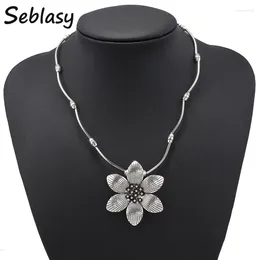 Pendant Necklaces Seblasy Vintage Bohemian Big Flower Statement & Pendants For Women Jewellery Accessories Tibet Silver Colour Bijuterias