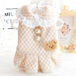 Dog Apparel Pet Clothing Autumn Winter Dress Cat Princess Light Coffee Pearl Lapel Small And Medium-sized Dogs