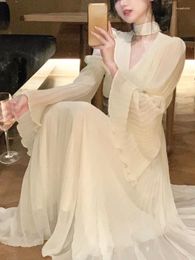 Casual Dresses 2024 Spring Elegant V-Neck Midi Dress Office Lady Long Sleeve One Piece Korean French Vintage Chiffon Women