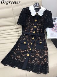 Casual Dresses Women Two Piece Lace Dress Sets Hollow Out Peter Pan Collar Single-breasted Short Sleeve Female Robes With Belts