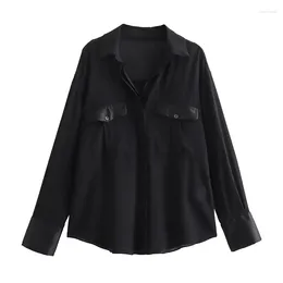 Women's Blouses 2024 Black Satin Shirts For Women Office Button Up Shirt Woman Long Sleeve And Collar Oversized