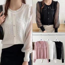 Women's Sweaters Lace Patchwork Knitted Sweater Women Beaded Chiffon Long Sleeve Top