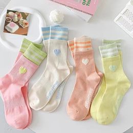 Women Socks 1 Pair Kawaii Cute For Cotton Material Soft Comfortable Double Waist Style Middle Tube Girls Heart Pattern