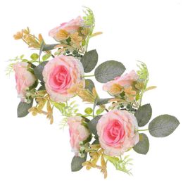 Decorative Flowers 2Pcs Artificial Rose Ring Dinner Table Flower Candles Wreath Wedding Party Decoration
